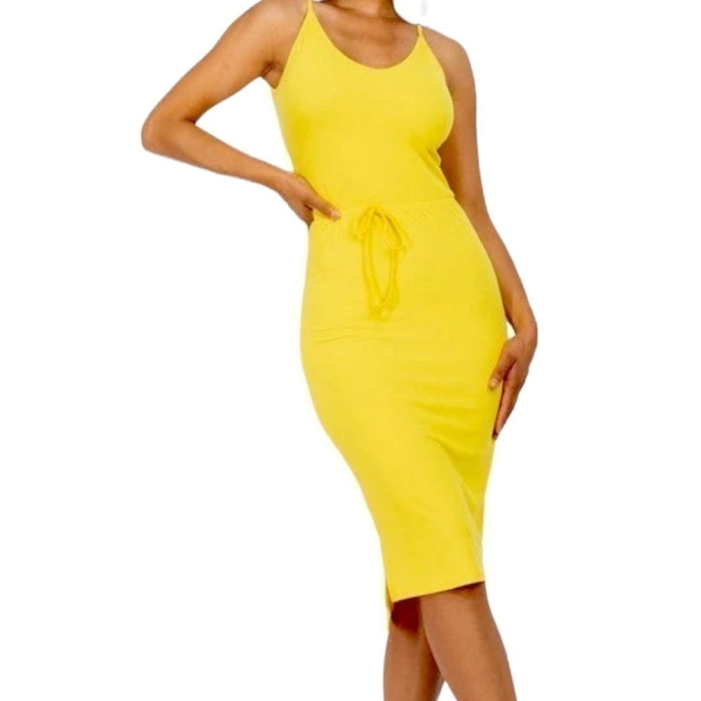 Front tied ribbed midi dress. Yellow. Medium. NWOT